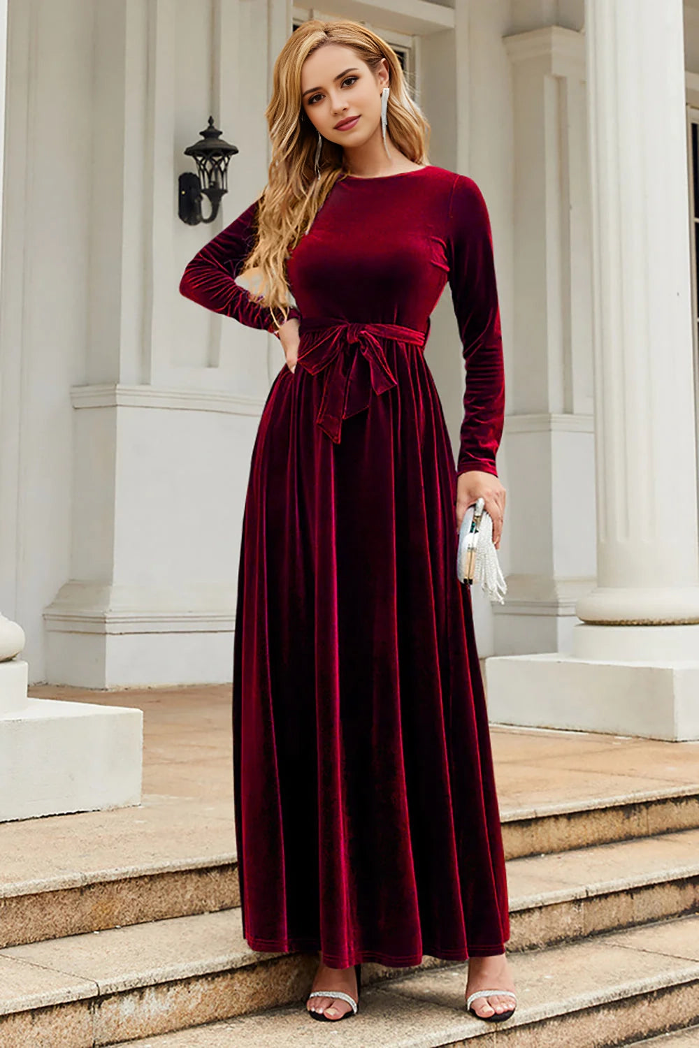 A-line gemstone neck velvet floor length skirt