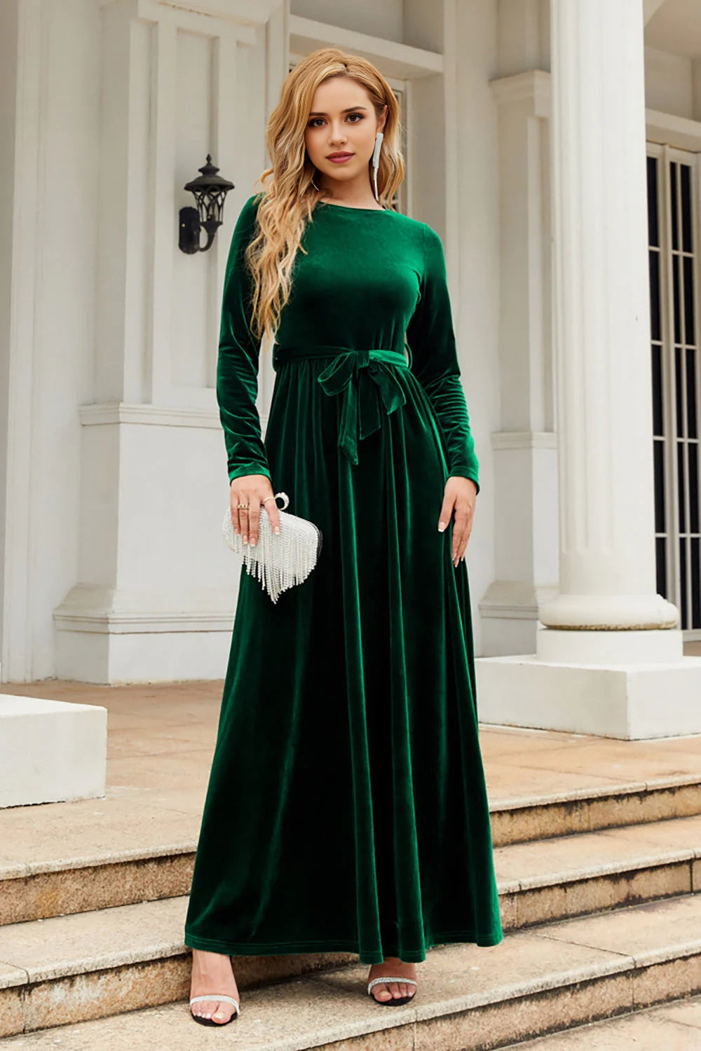 A-line gemstone neck velvet floor length skirt