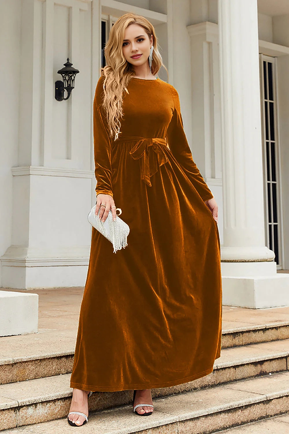 A-line gemstone neck velvet floor length skirt
