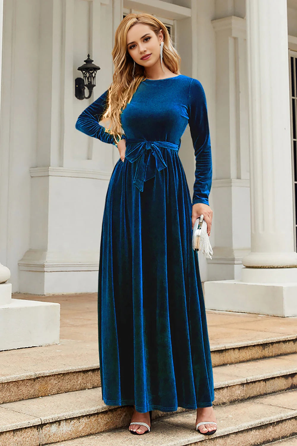 A-line gemstone neck velvet floor length skirt