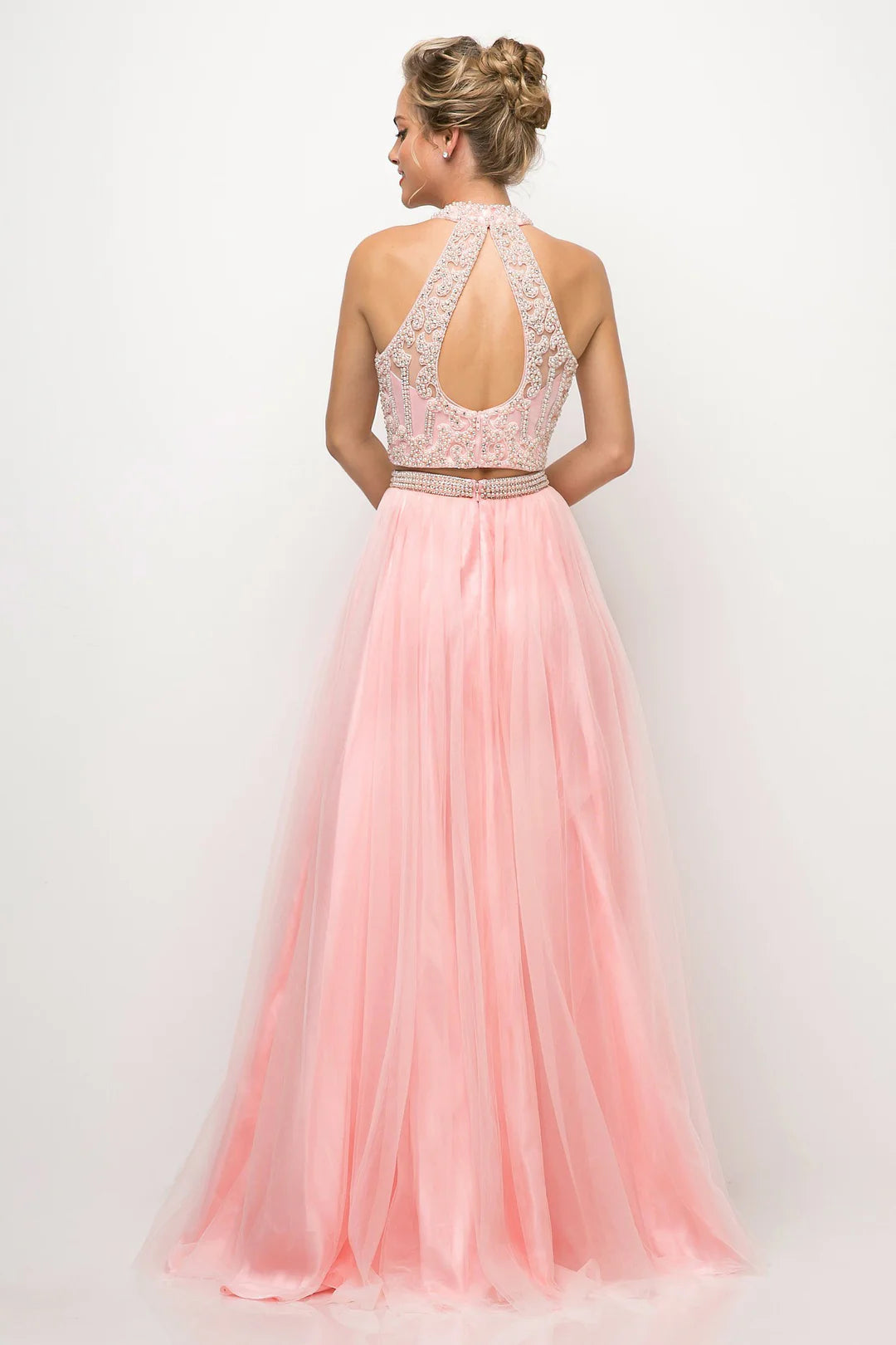 A-line hanging neck sleeveless backless top two-piece formal dress