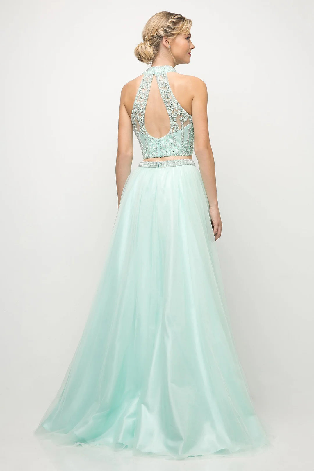 A-line hanging neck sleeveless backless top two-piece formal dress