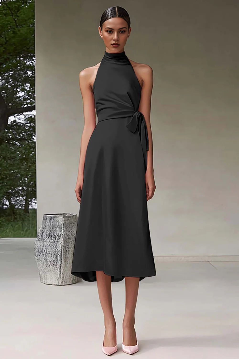 A-line high neck pleated long satin formal suit