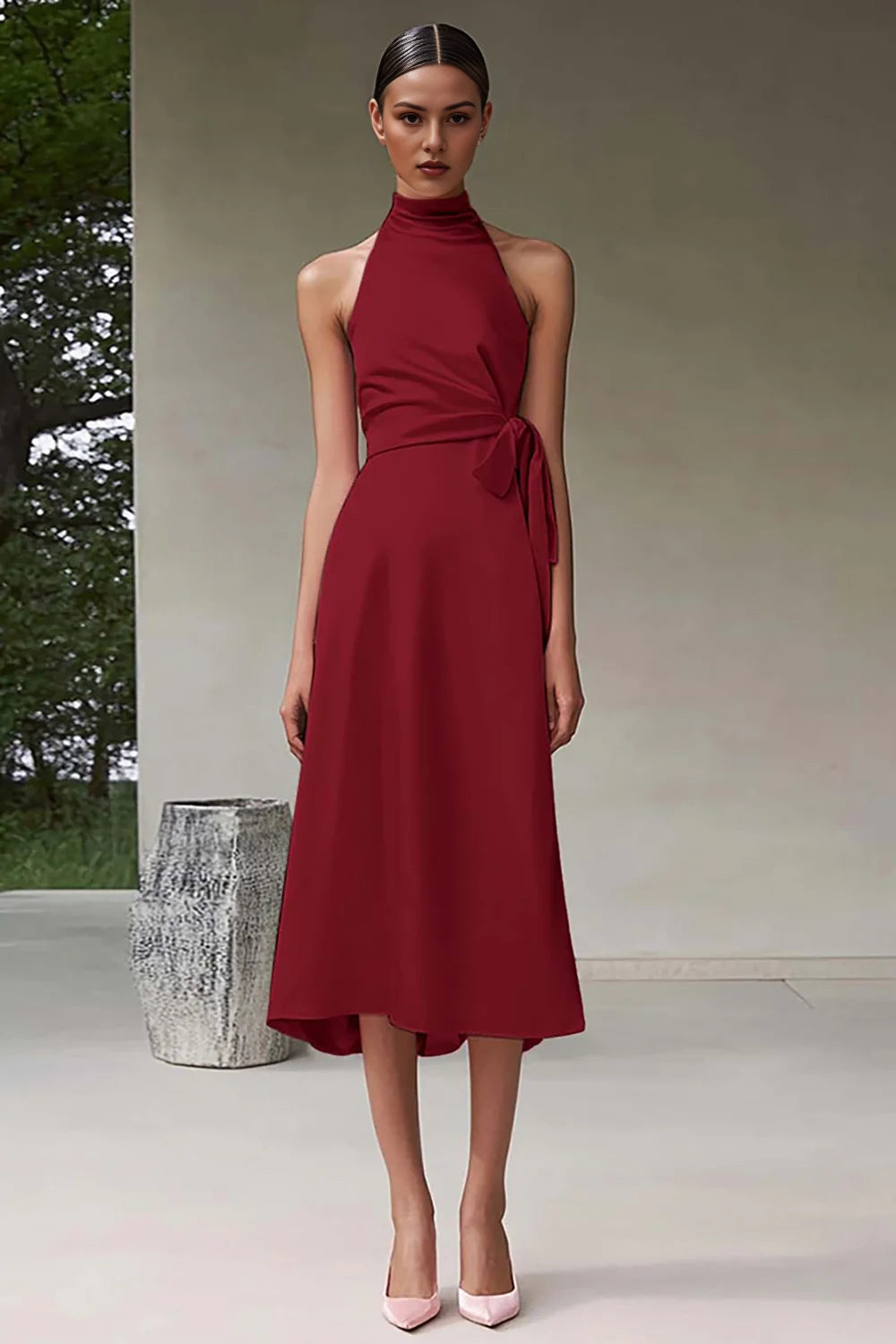 A-line high neck pleated long satin formal suit