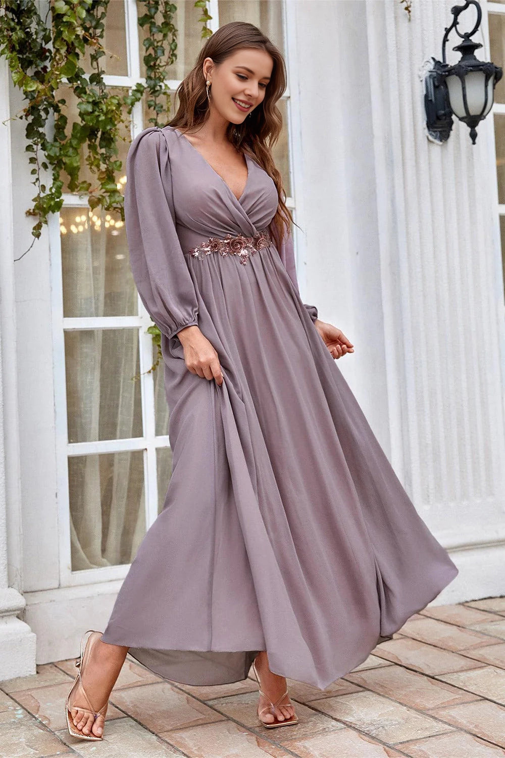 A-line long sleeved floor standing bridal mother gown