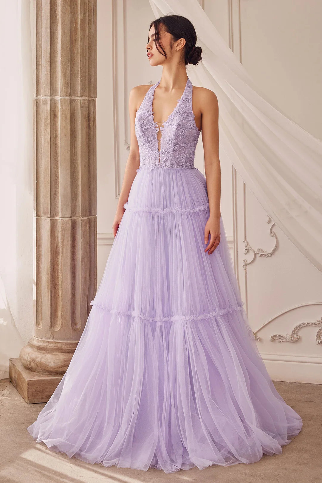 A-line neck hanging suspender deep V-dress backless