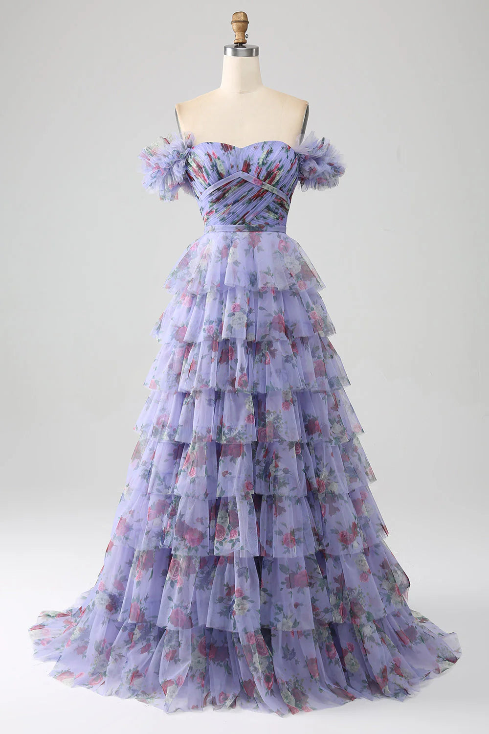 A-line off shoulder printed layered pleated dress