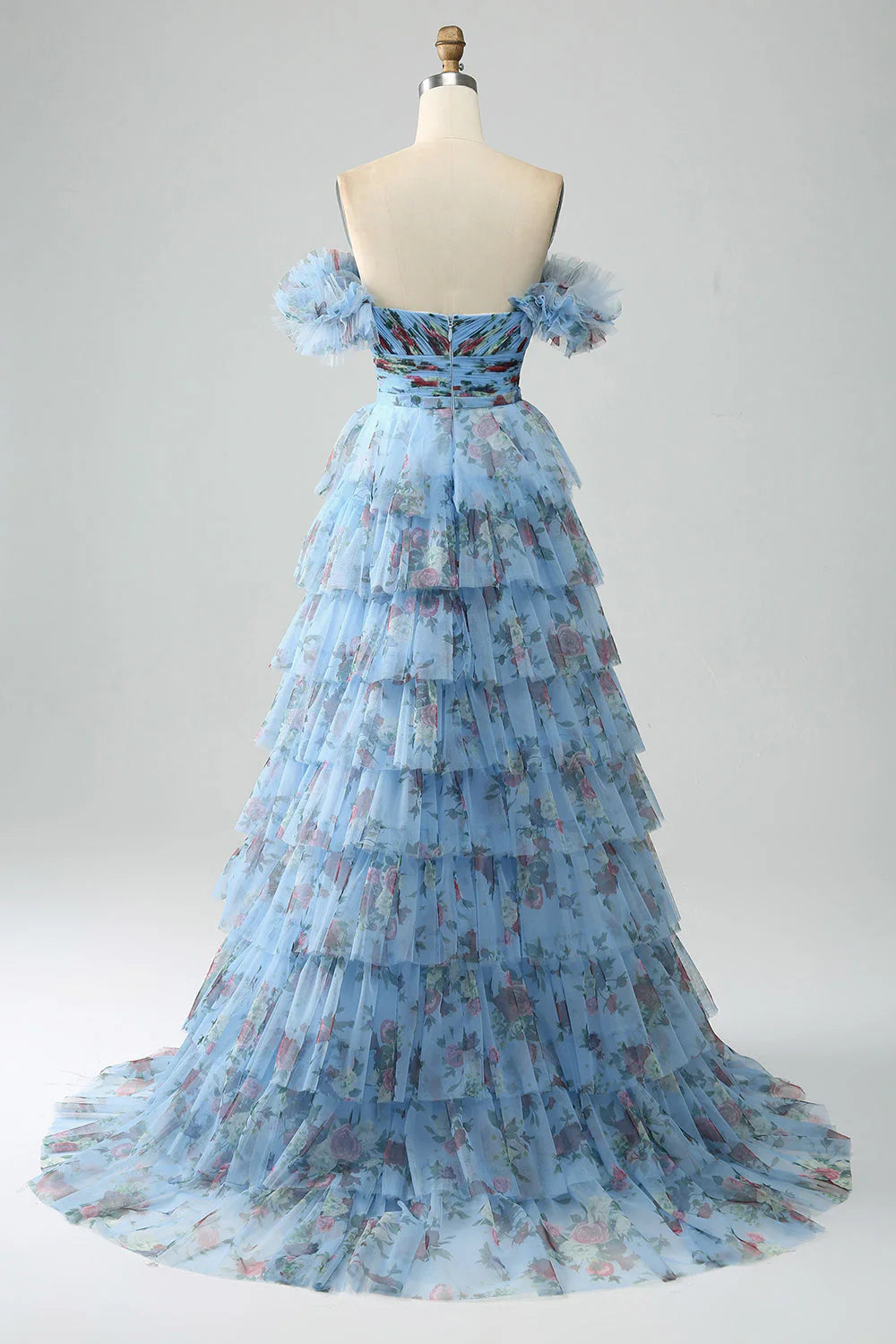 A-line off shoulder printed layered pleated dress
