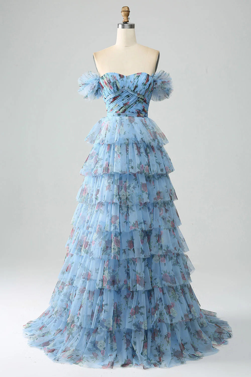A-line off shoulder printed layered pleated dress