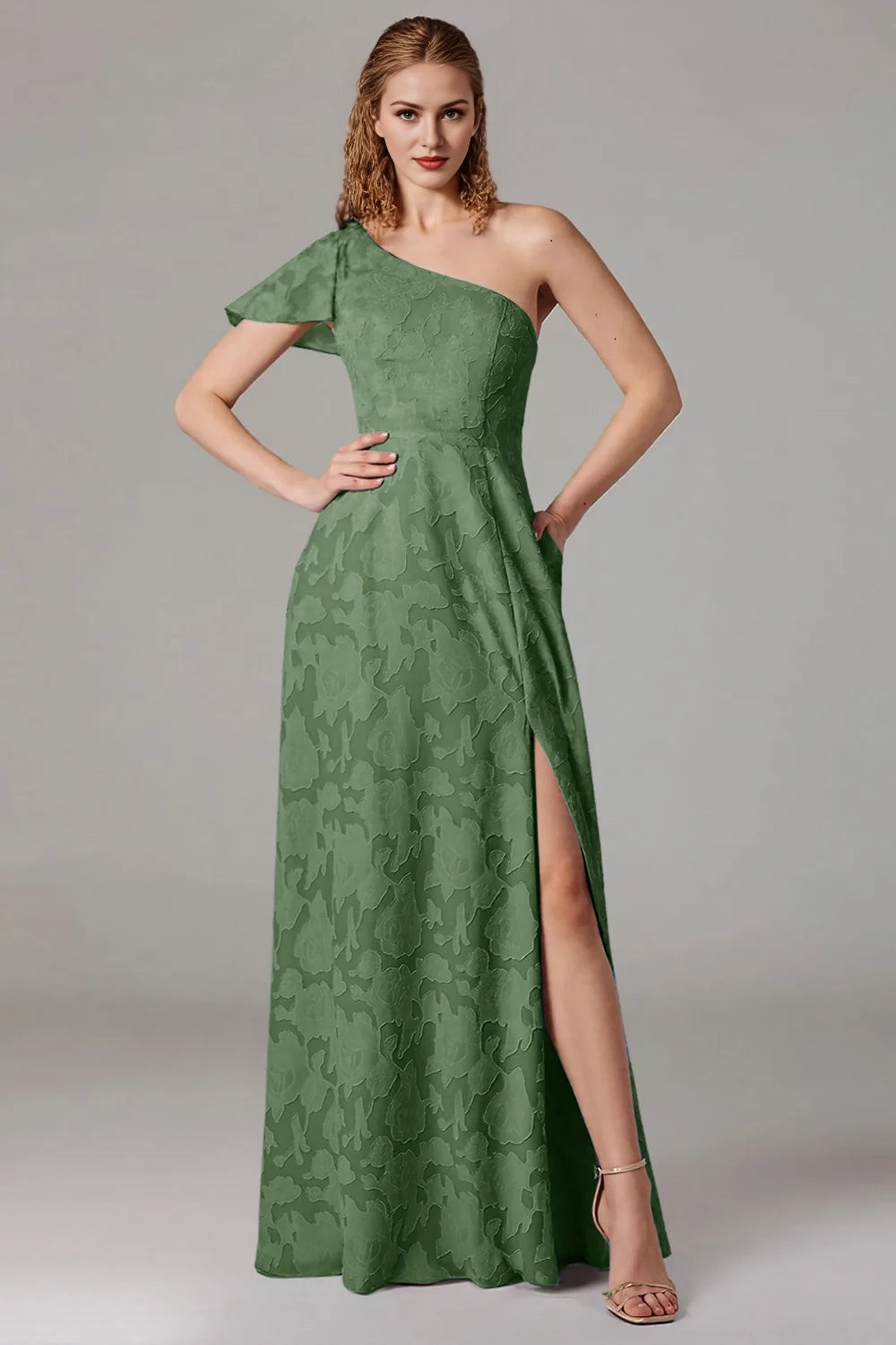 A-line one shoulder large slit dress