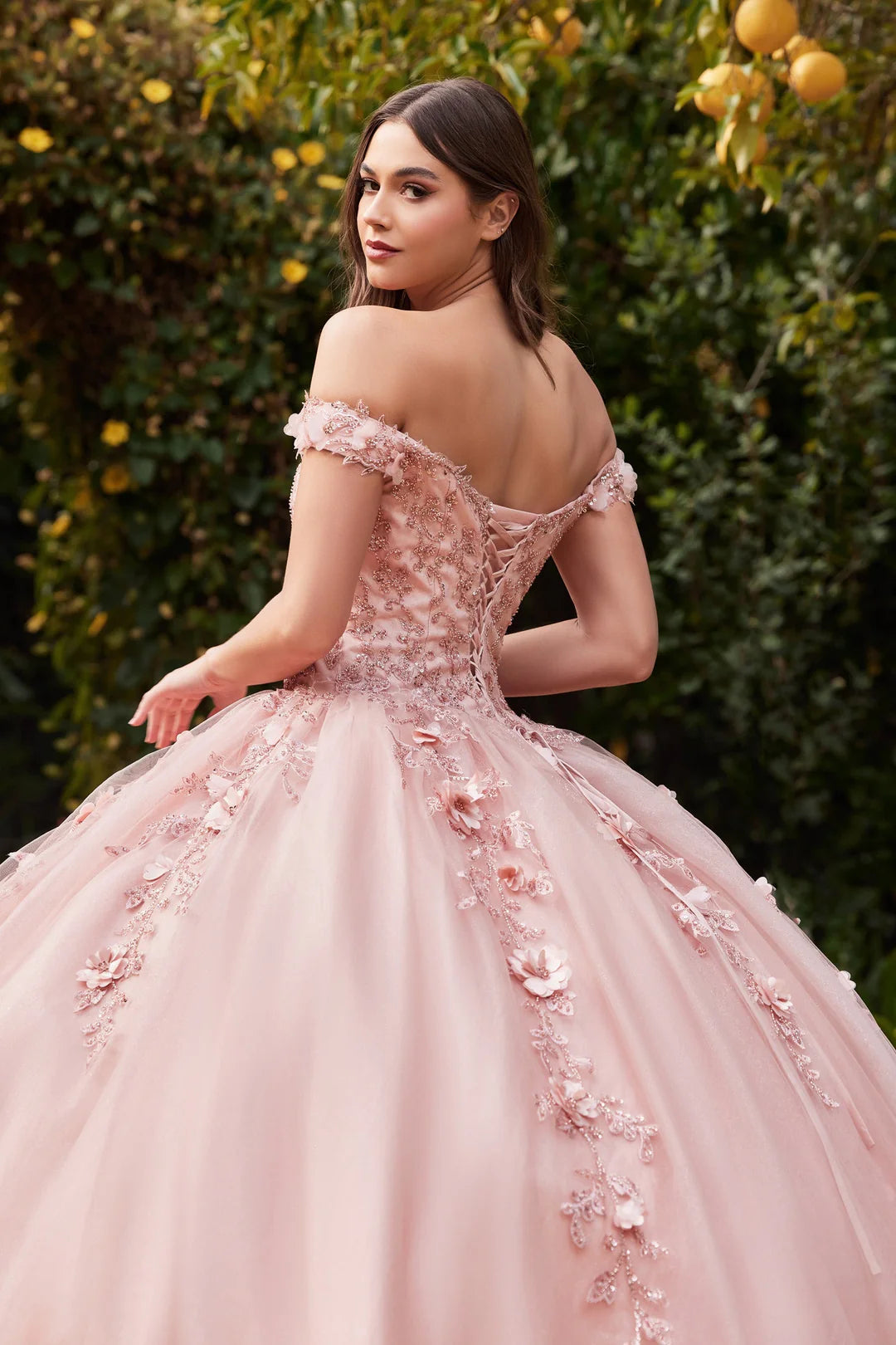 A-line shoulder V-neck waist cinched dress with a large skirt