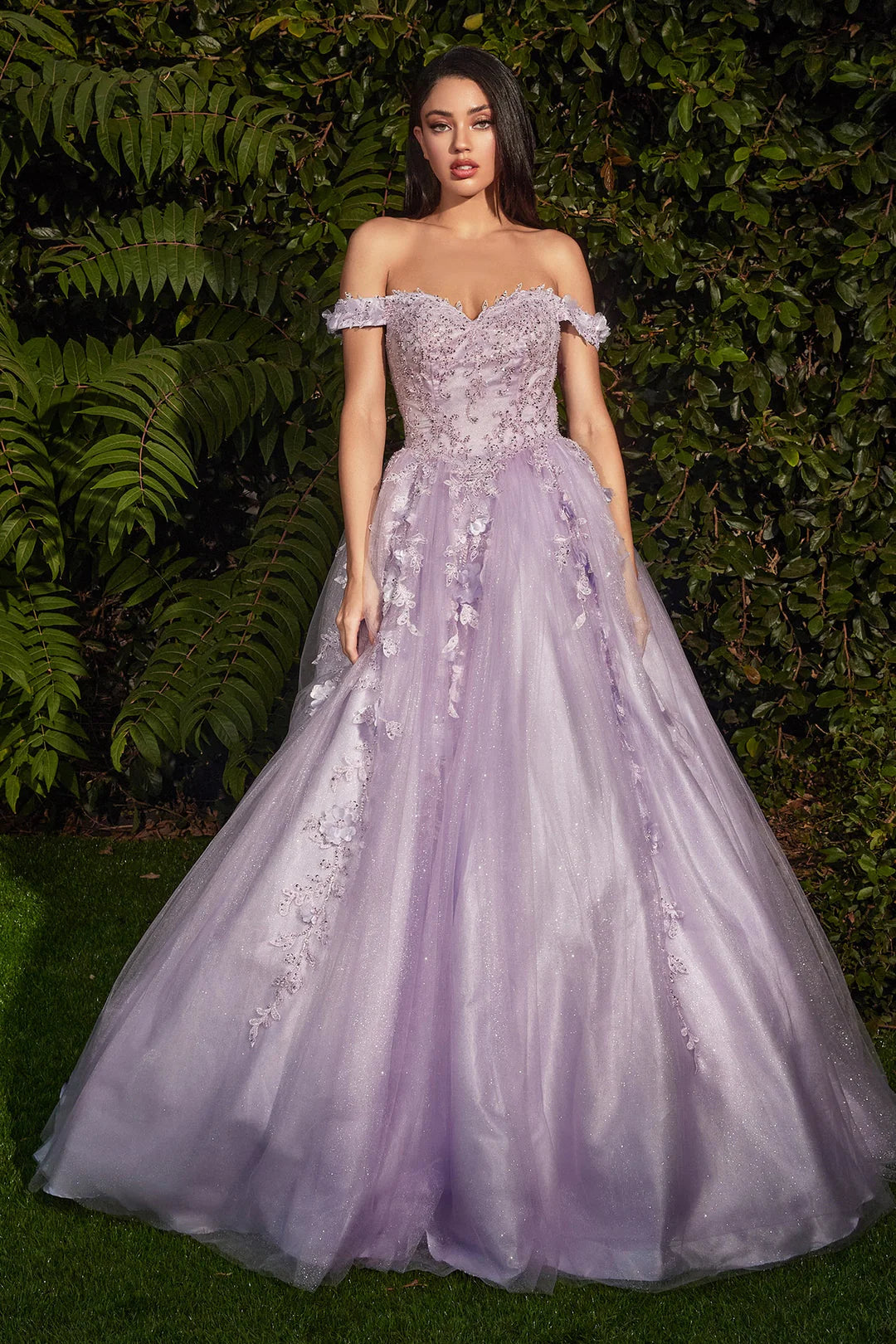 A-line shoulder V-neck waist cinched dress with a large skirt