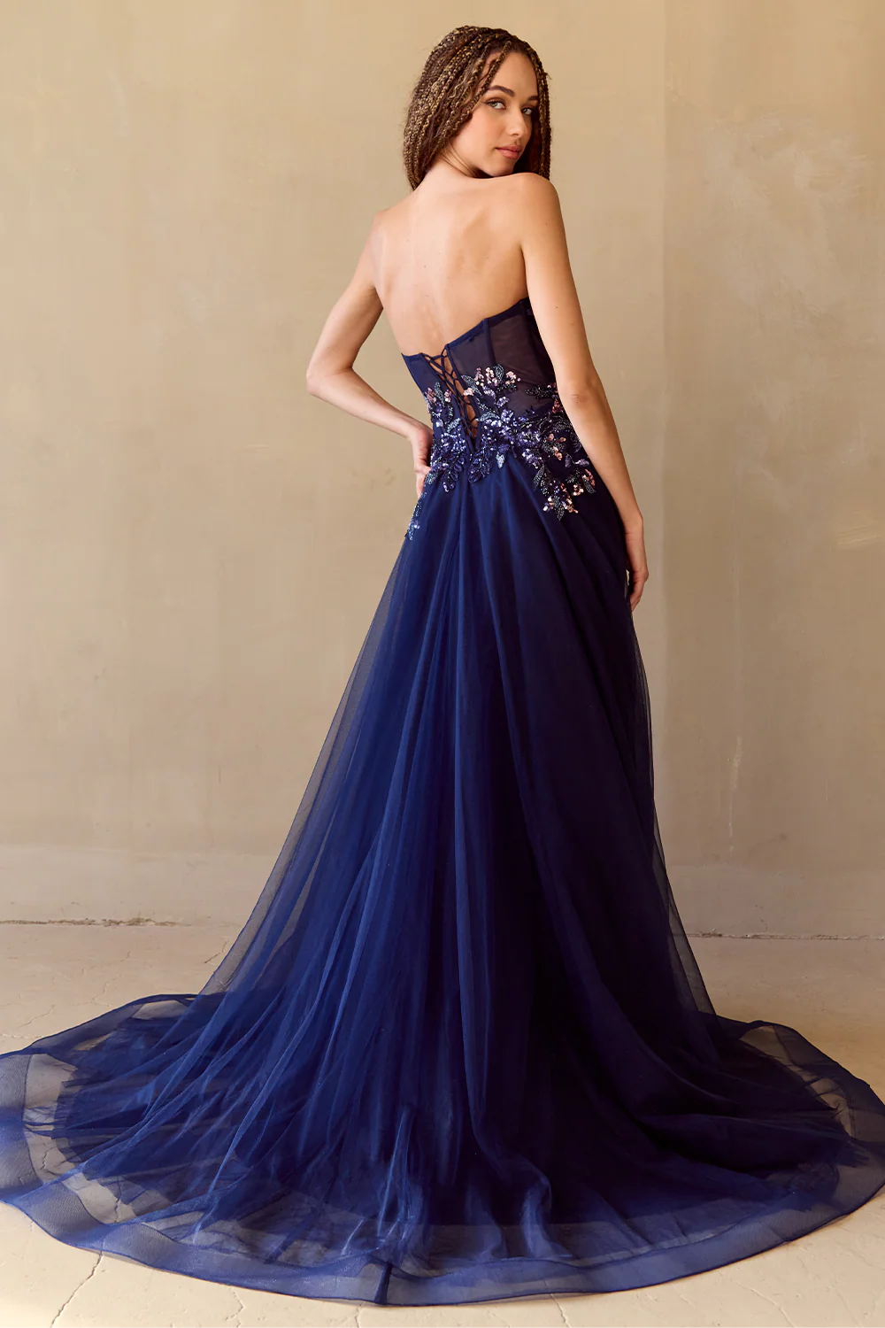 A-line sleeveless strapless and floor length skirt with sequin decals