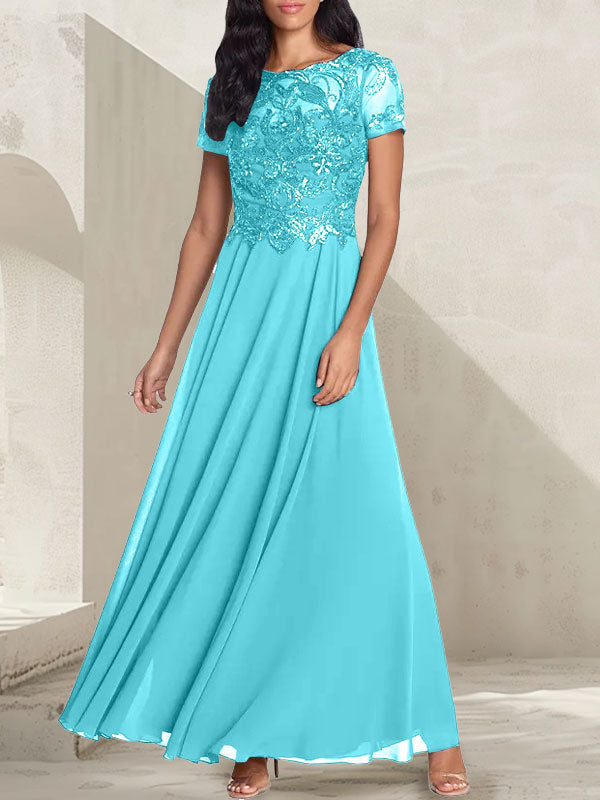 A-line short sleeved long bridal mother dress