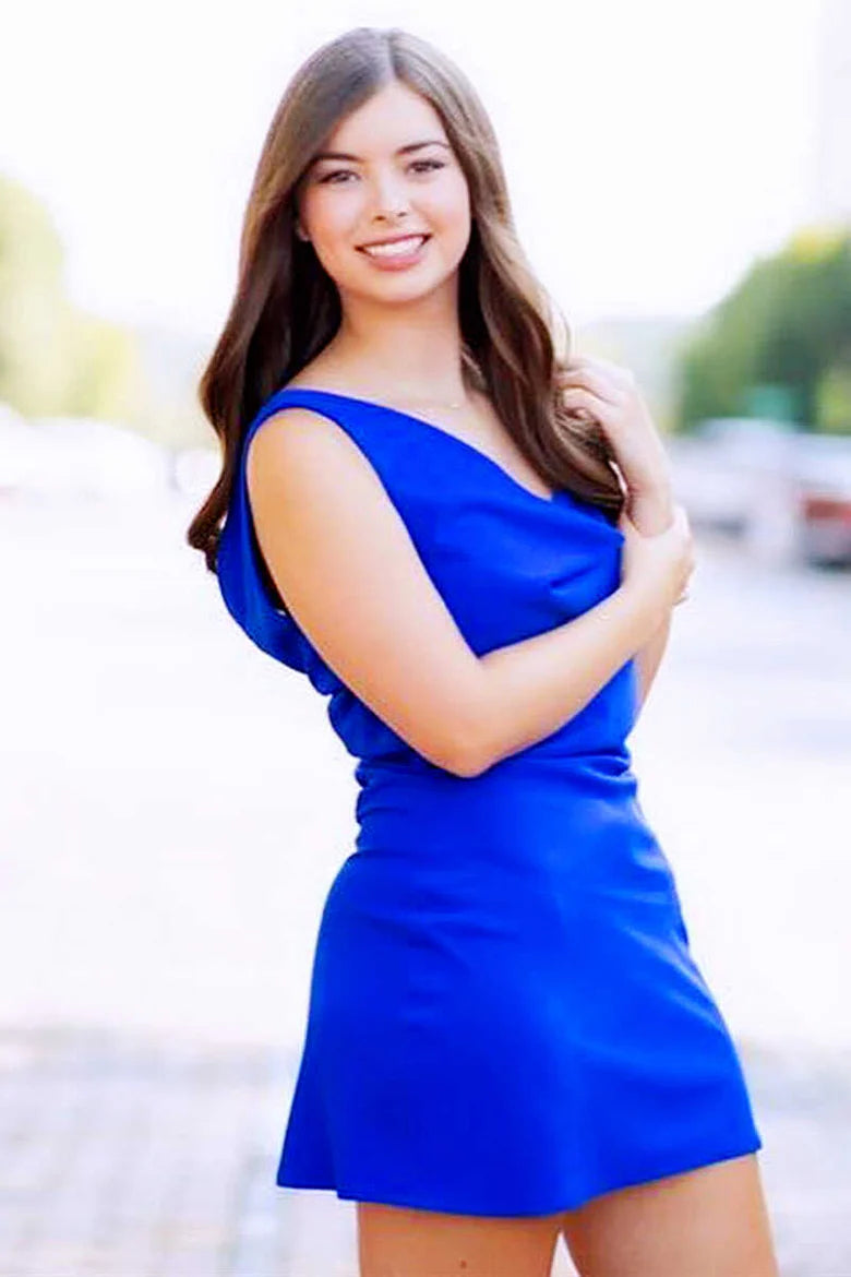 Asymmetrical Royal Blue Neck Cowl Neck Bodycon Short Cocktail Dress