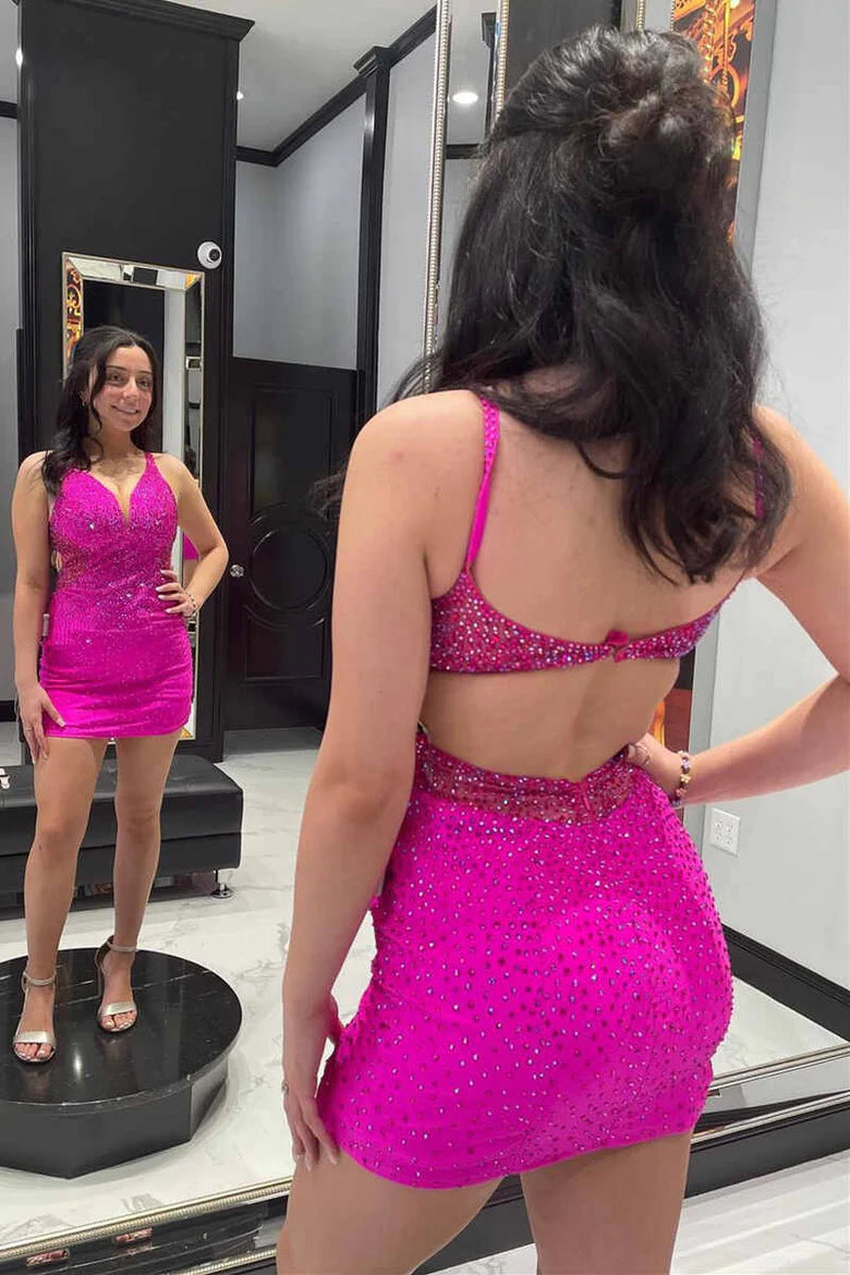 Beaded V-Neck Backless Mini Homecoming Dress