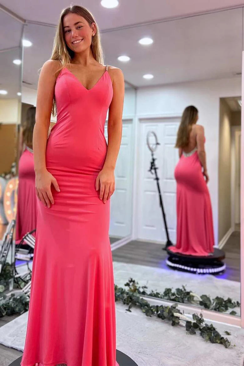 Beaded V-neck backless mermaid long ball dress