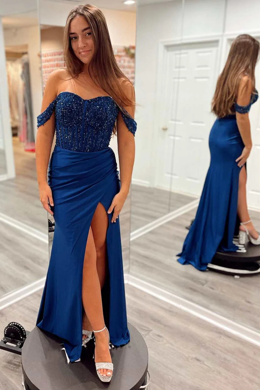 Beaded satin off shoulder long slit ball dress