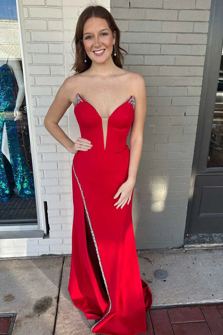 Beaded strapless long formal slit dress