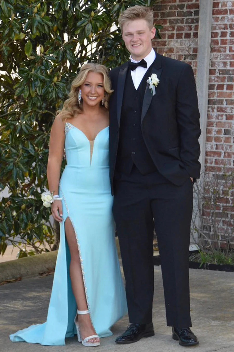 Beaded strapless long formal slit dress