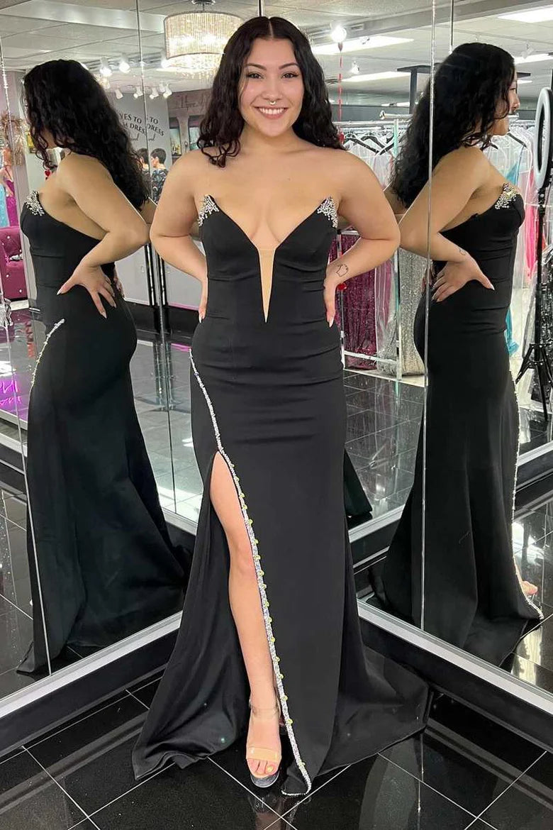 Beaded strapless long formal slit dress