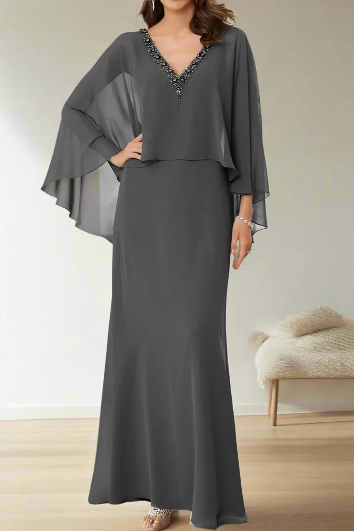 Beading Steel Grey Chiffon V-Neck Mother of The Bride Dresses