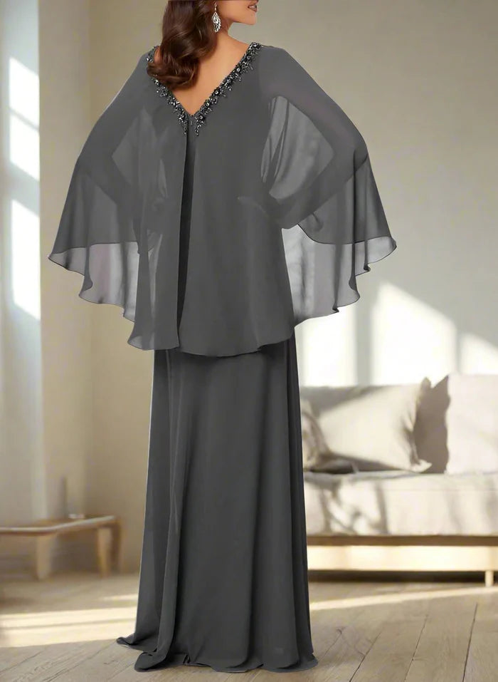 Beading Steel Grey Chiffon V-Neck Mother of The Bride Dresses