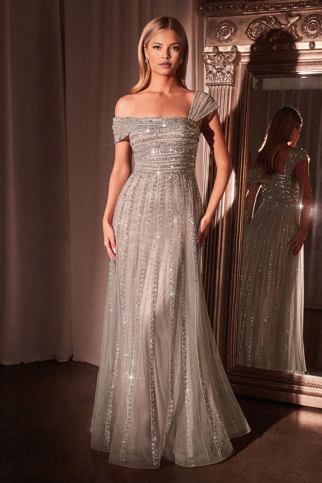Beautiful bead off shoulder A-line skirt