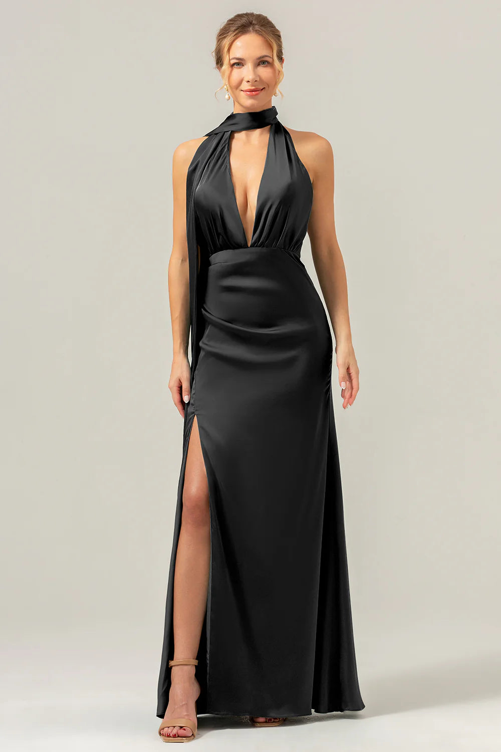 Deep V-neck backless long satin bridesmaid dress with tassels