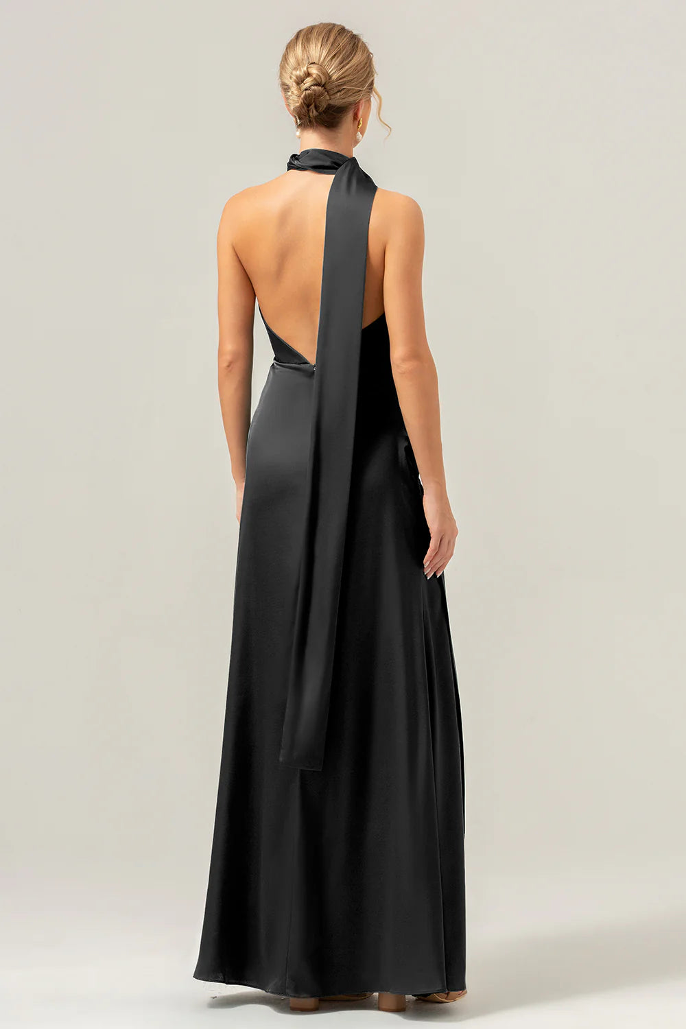Deep V-neck backless long satin bridesmaid dress with tassels