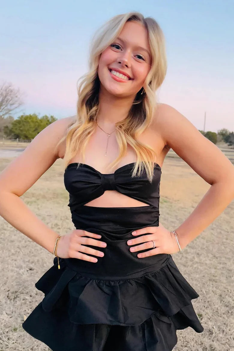 Black A-Line Strapless Keyhole Ruffles Satin Sleeveless Homecoming Dress