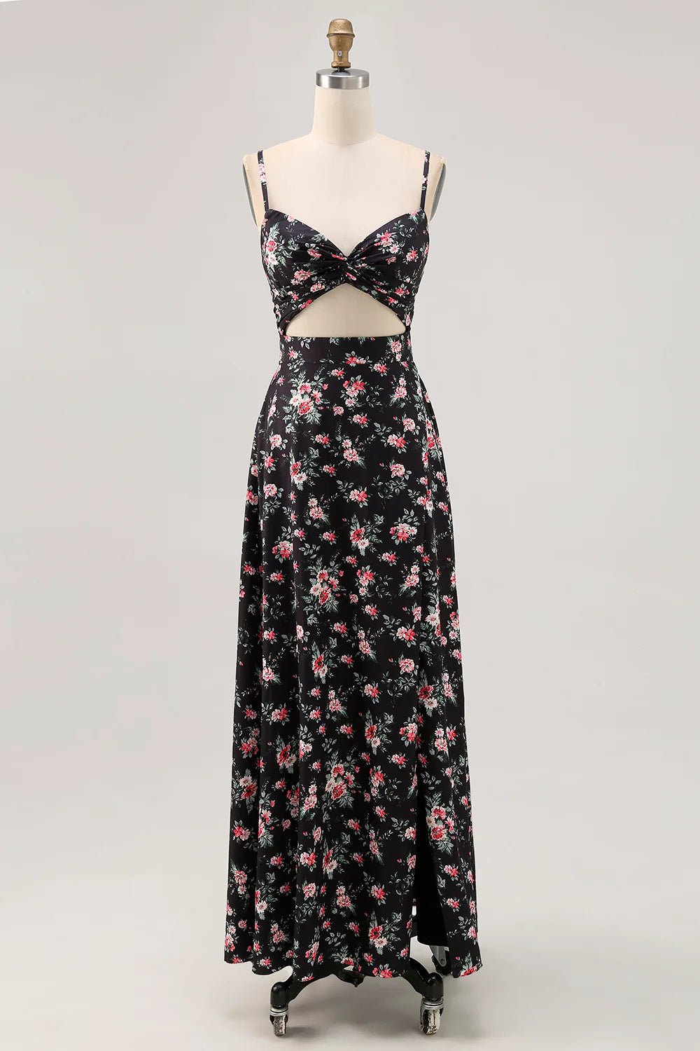 Black Flower Sheath Cut Out Long Printed Wedding Guest Dress