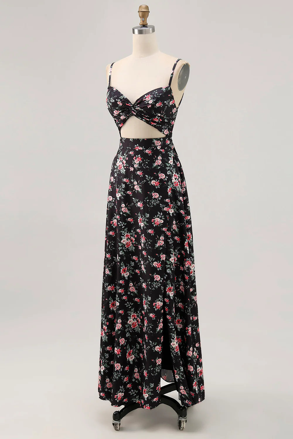 Black Flower Sheath Cut Out Long Printed Wedding Guest Dress