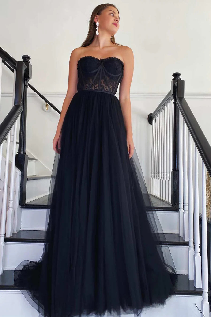 Black Tulle Strapless A-Line Long Prom Dress
