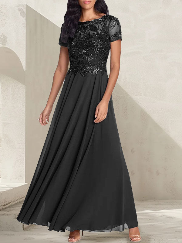 A-line short sleeved long bridal mother dress
