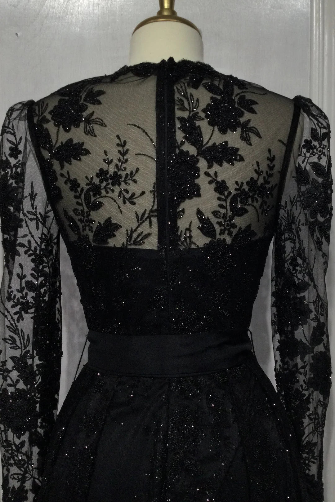 Black lace transparent long sleeved V-neck dress