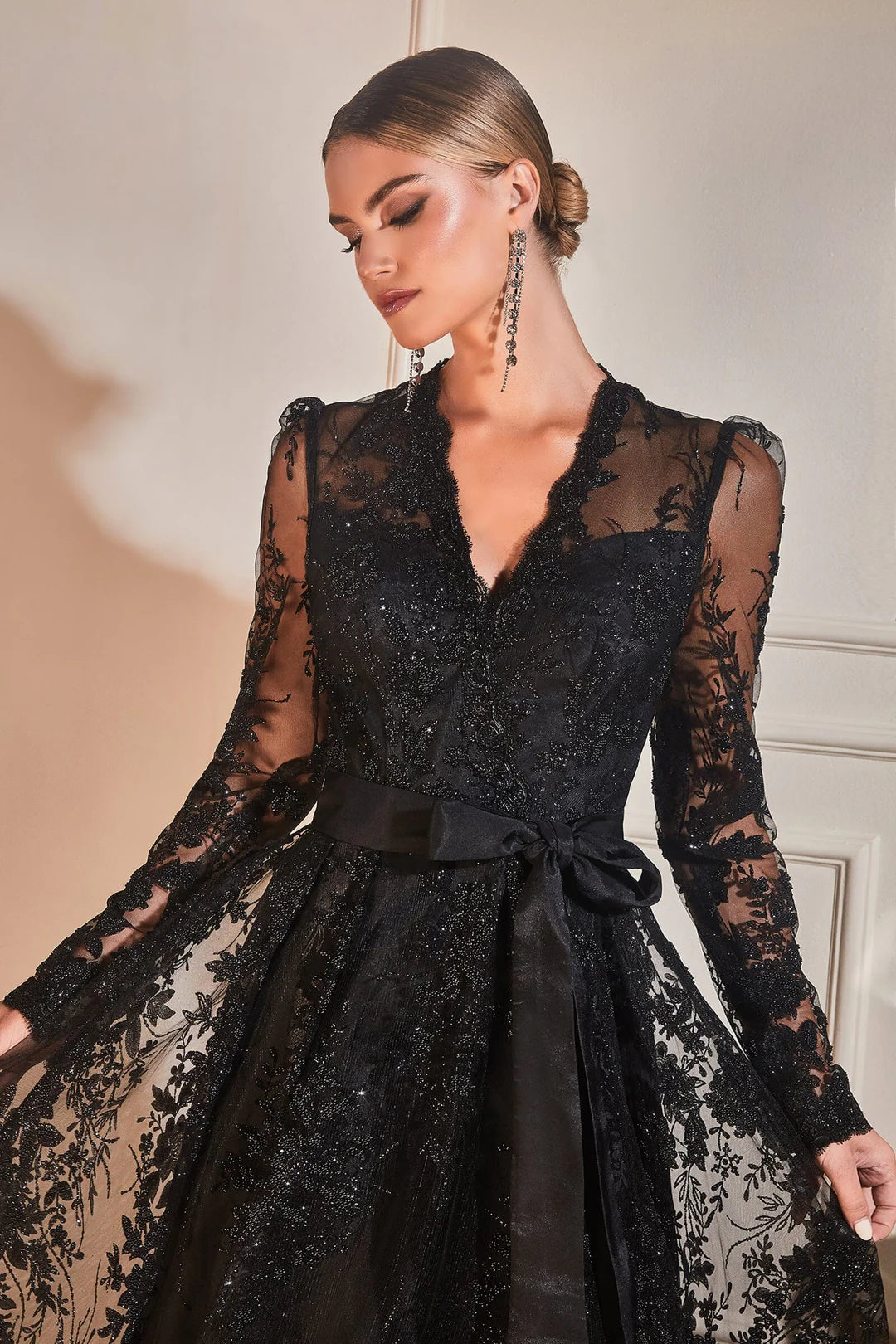 Black lace transparent long sleeved V-neck dress