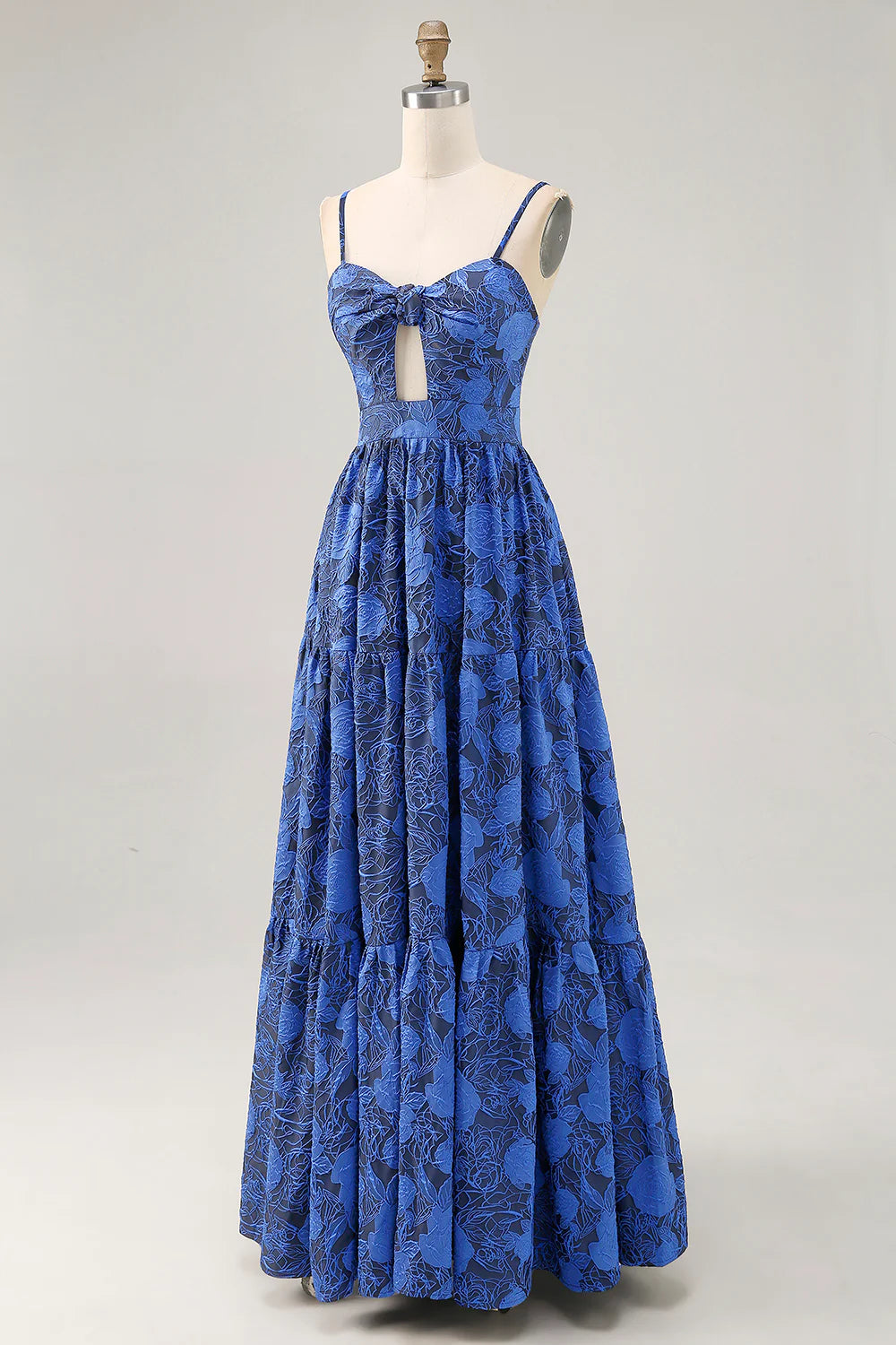 Blue A-Line Spaghetti Straps Cut Out Floral Floor Length Dress