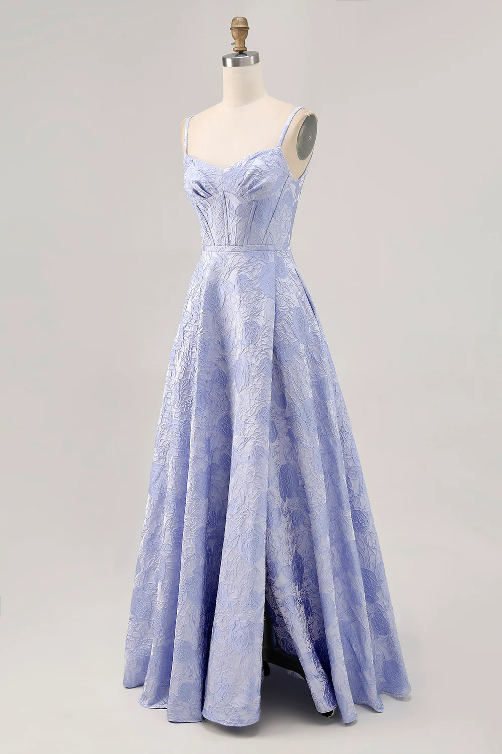 Blue A Line Spaghetti Straps Corset Printed Floral Prom Dress with Slit