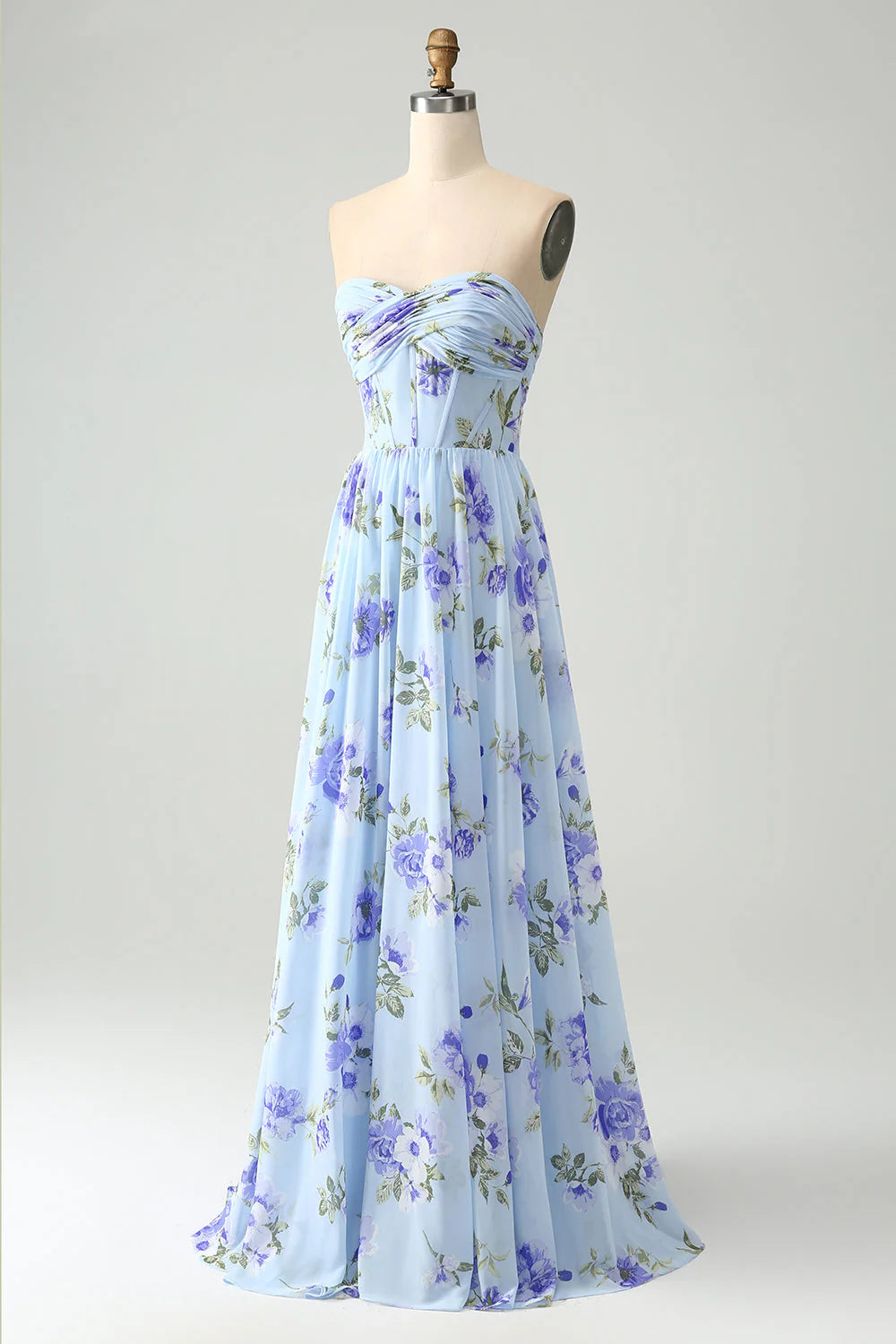 Blue Floral A Line Sweetheart Pleated Long Maxi Dress