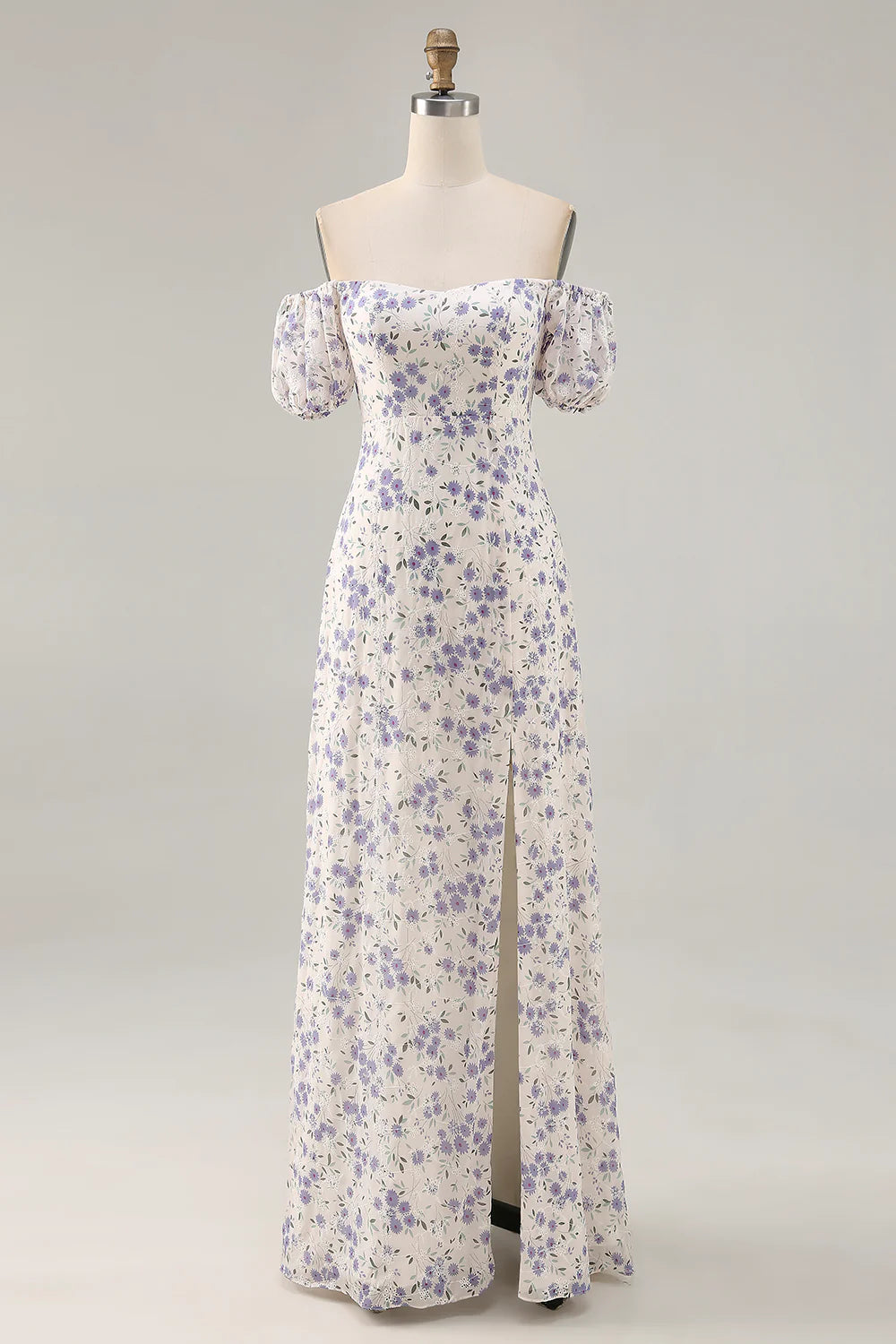 Blue Flower A-Line Off The Shoulder Chiffon Long Bridesmaid Dress with Slit