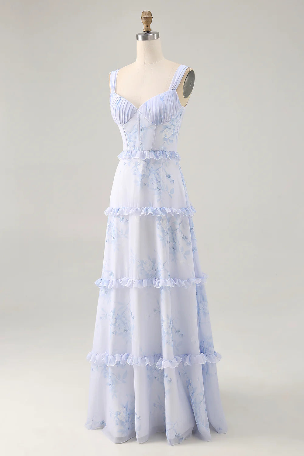Blue Flower A-Line Printed Long Bridesmaid Dress with Lace Up Back