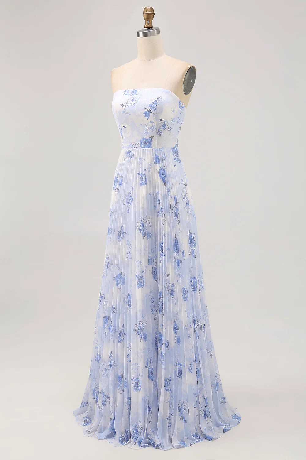 Blue Flower A-Line Strapless Pleated Printed Bridesmaid Dress