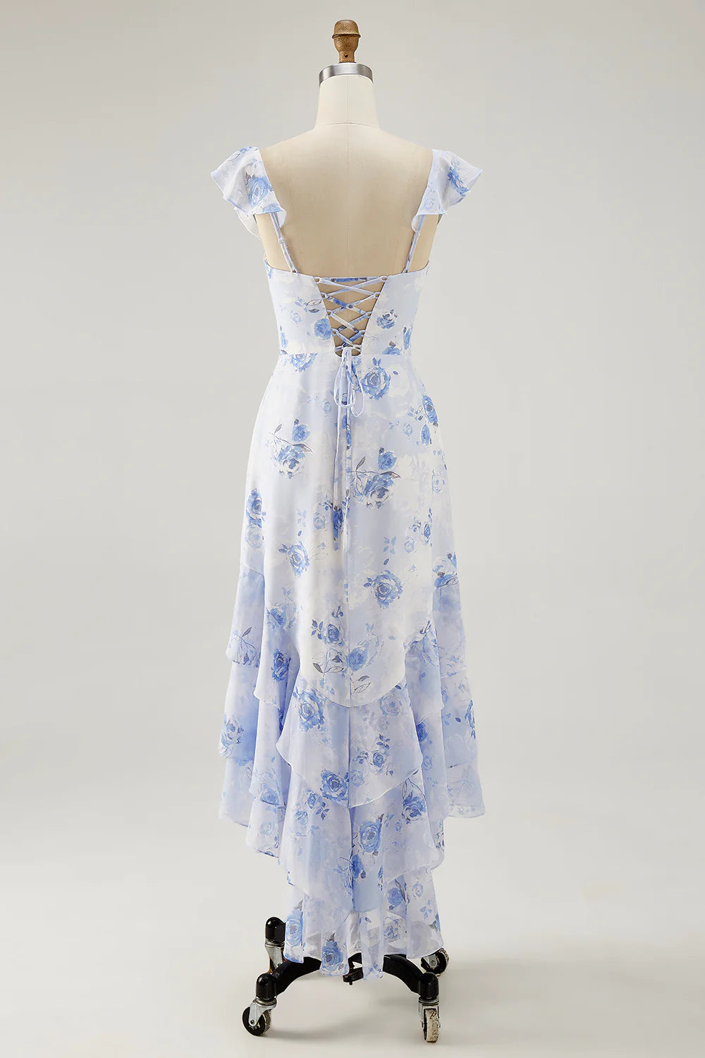 Blue Flower A-line Off The Shoulder Ruffled Midi Dress with Lace Up Back