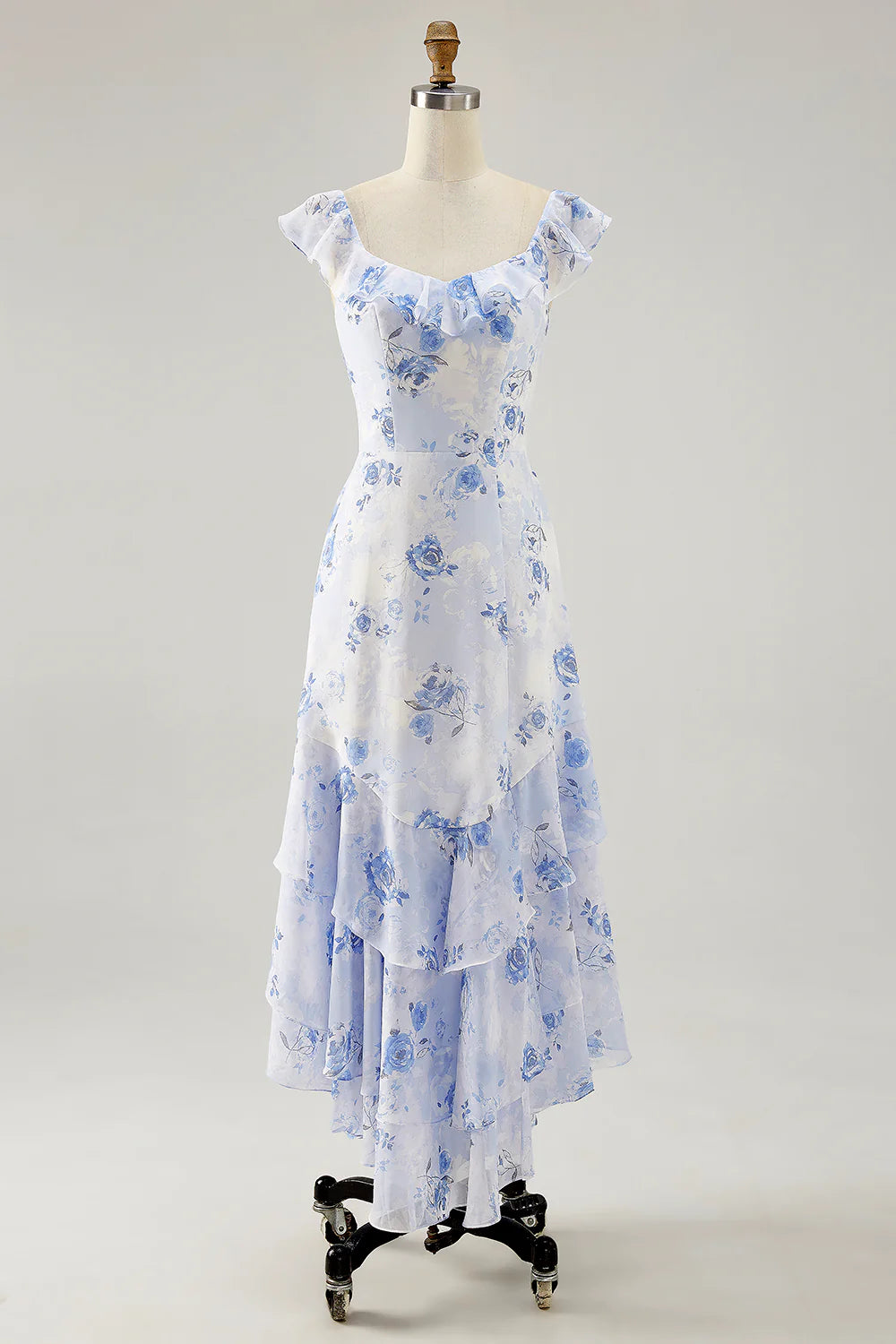 Blue Flower A-line Off The Shoulder Ruffled Midi Dress with Lace Up Back