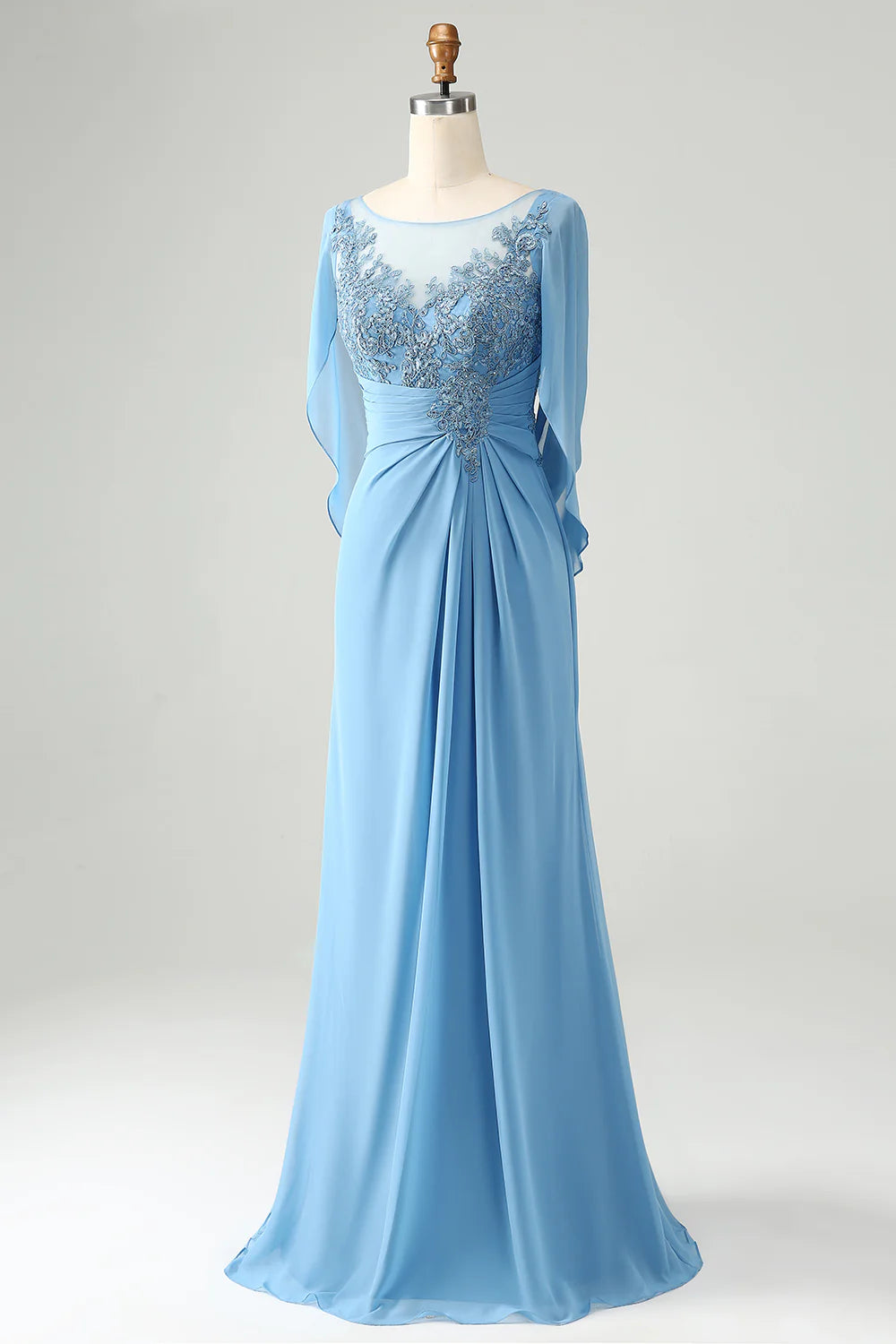 Blue Mermaid Beaded Cap Sleeves Mother of the Bride Dress with Appliques