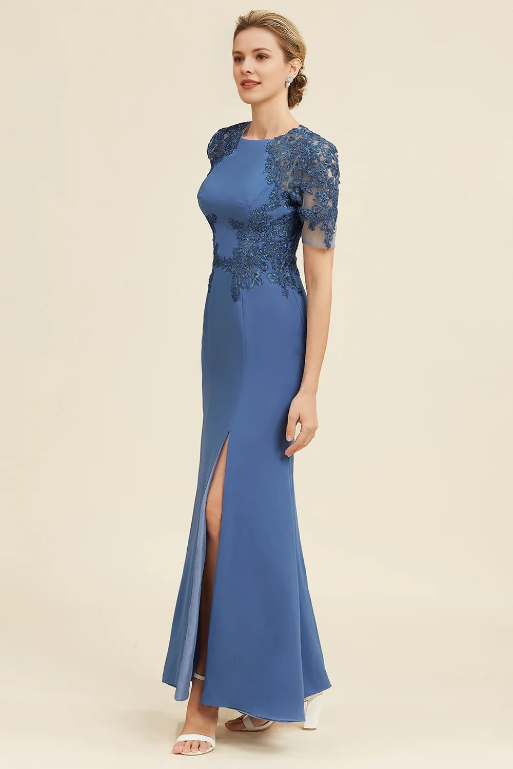 Blue Mermaid Open Back Mother of the Bride Dress with Slit