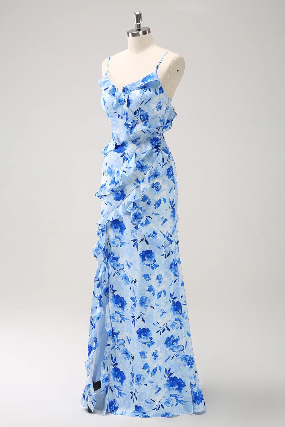 Blue Mermaid Spaghetti Straps Ruched Print Ruffle Bridesmaid Dress with Slit