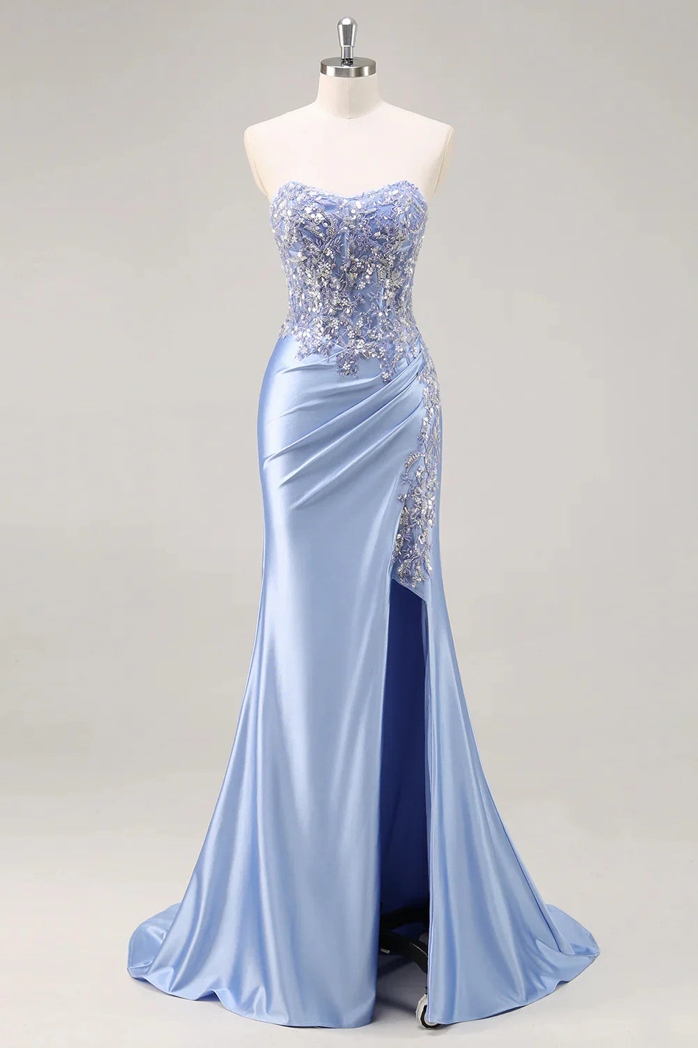 Burgundy Mermaid Strapless Sequins Beaded Satin Long Prom Dress with Slit