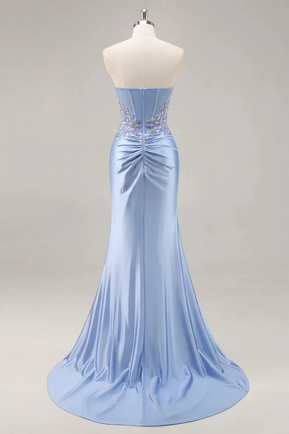 Burgundy Mermaid Strapless Sequins Beaded Satin Long Prom Dress with Slit